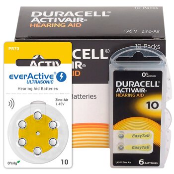 60 x baterie do aparatów słuchowych Duracell ActivAir 10 + 6 x everActive ULTRASONIC 10
