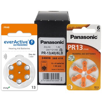 60 x baterie do aparatów słuchowych Panasonic 13 / PR13 / PR48 + 6 x everActive ULTRASONIC 13