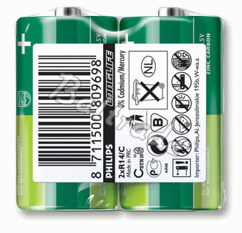 2 x bateria cynkowo-węglowa Philips LongLife R14 C (taca)