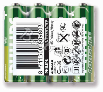 4 x bateria cynkowo-węglowa Philips LongLife R6 AA (taca)