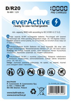 2x akumulatorki everActive R20/D Ni-MH 10000 mAh ready to use 2x akumulatorki everActive R20/D Ni-MH 10000 mAh ready to use