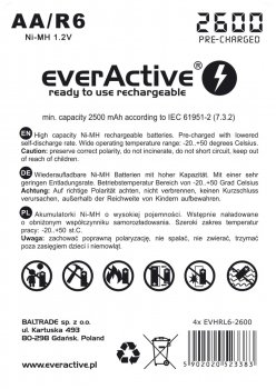 4x akumulatorki everActive R6/AA Ni-MH 2600 mAh ready to use 4x akumulatorki everActive R6/AA Ni-MH 2600 mAh ready to use