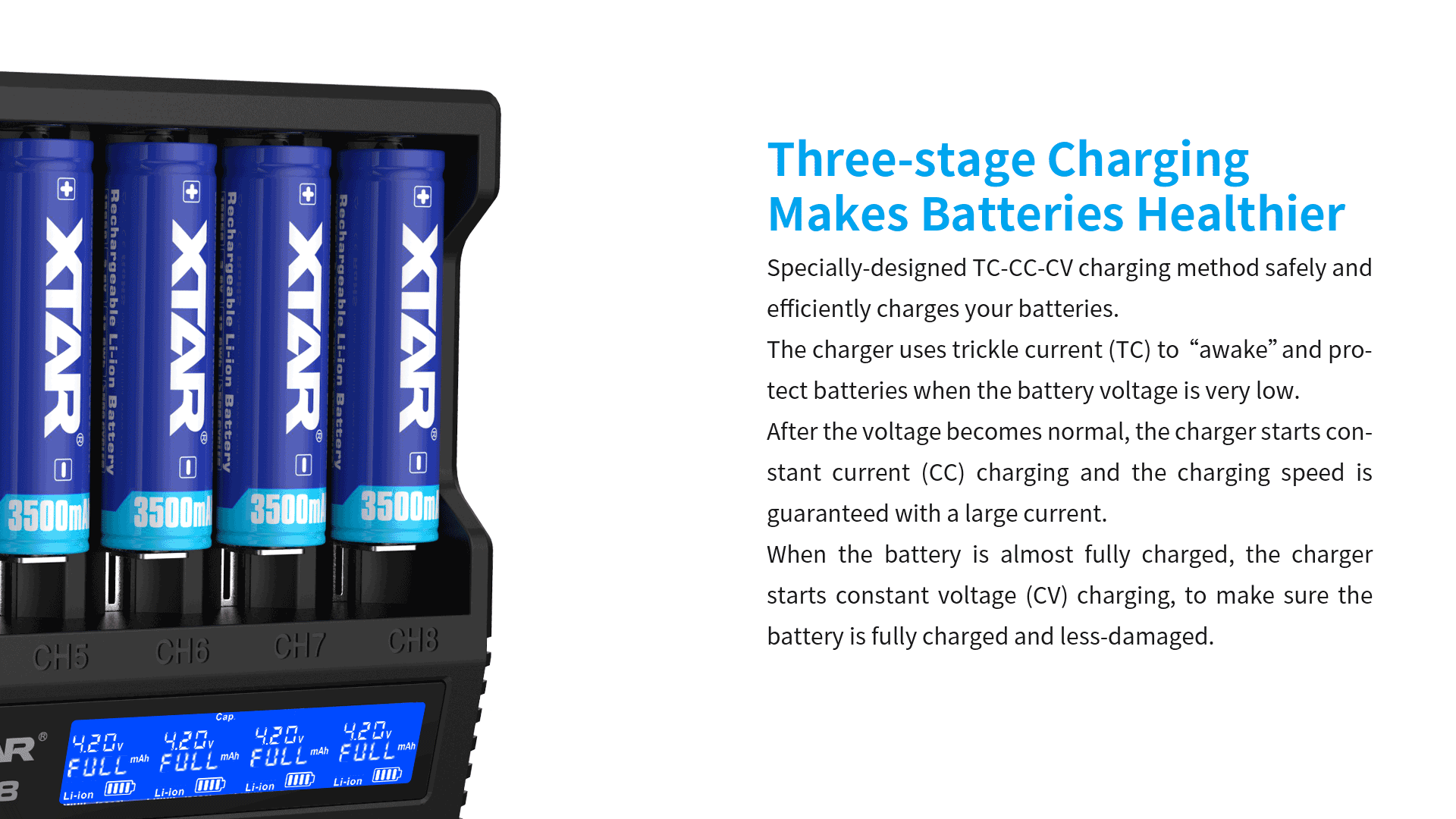 Trzy fazy ładowania akumulatorów w ładowarce VC8 Xtar