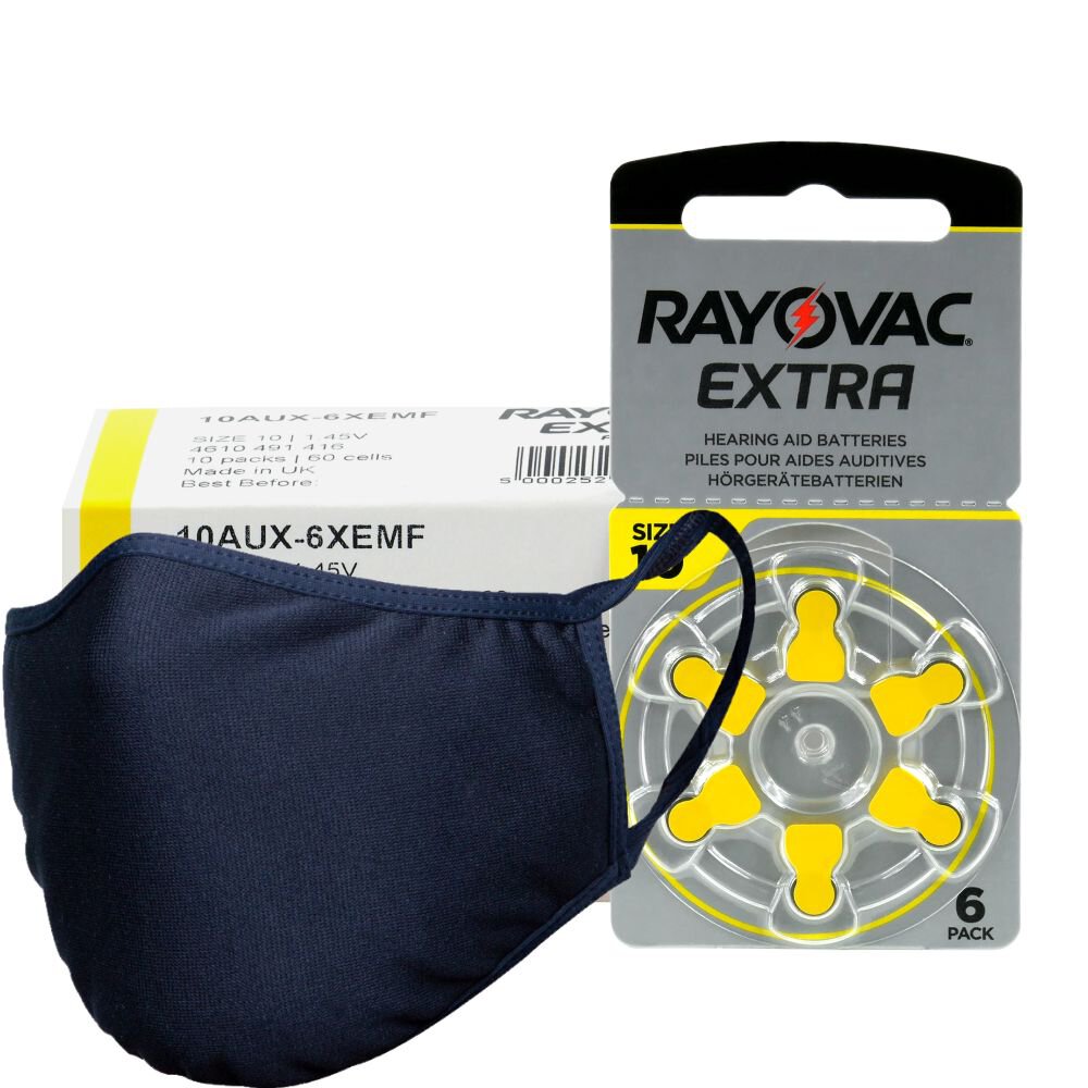 120 x baterie do aparatów słuchowych Rayovac Extra 10 + maska antybakteryjna wielokrotnego użytku Stanteks