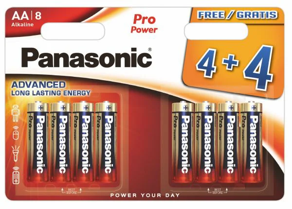 Alkalické baterie Panasonic PRO Poer AA LR6 balené v blistrech po 8 sklenicích