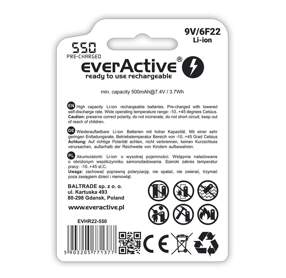 akumulatorek everActive 6F22/9V Li-ion 550 mAh