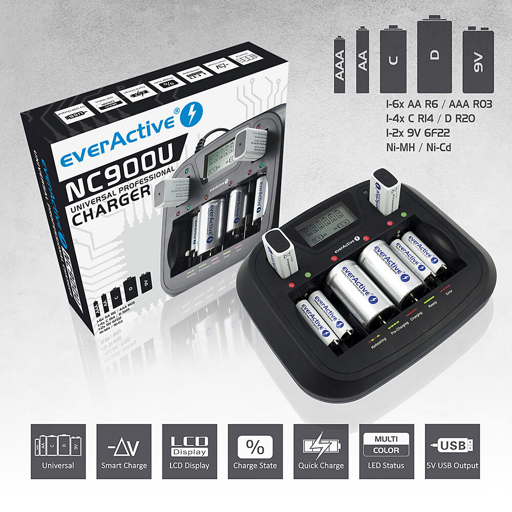 EverActive NC 900U Universal Ladegerät – 8 Unabhängige Schächte, Für NiMH/NiCd Akkus, Mit USB-Anschluss