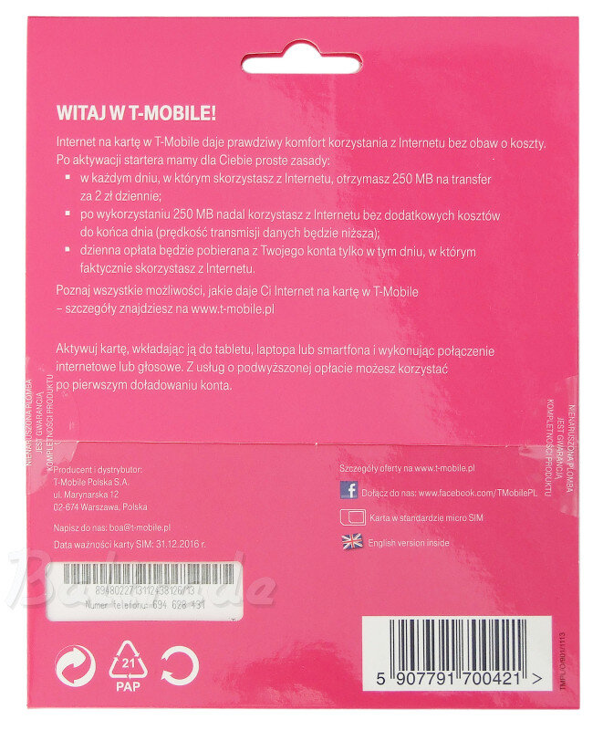 Starter TMobile na Kartę 500 MB 5zł sklep hurt