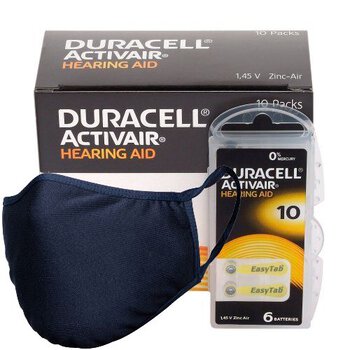 120 x baterie do aparatów słuchowych Duracell ActivAir 10 + maska antybakteryjna wielokrotnego użytku Stanteks