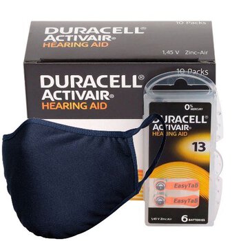120 x baterie do aparatów słuchowych Duracell ActivAir 13 + maska antybakteryjna wielokrotnego użytku Stanteks