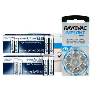 120 x baterie do aparatów słuchowych Rayovac 675 IMPLANT PRO+ + 10szt LR6 + 10szt LR03 everActive Pro Alkaline