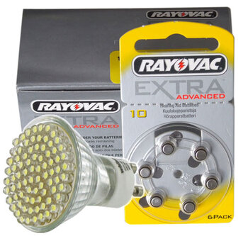 120 x Rayovac Extra Advanced 10 + żarówka 80 LED GU10