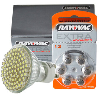 120 x Rayovac Extra Advanced 13 + żarówka 80 LED GU10