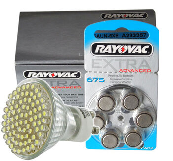 120 x Rayovac Extra Advanced 675 + żarówka 80 LED GU10