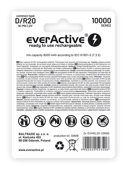 2 x akumulatorki everActive R20/D Ni-MH 10000 mAh ready to use
