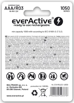 4 x akumulatorki everActive R03/AAA Ni-MH 1050 mAh ready to use