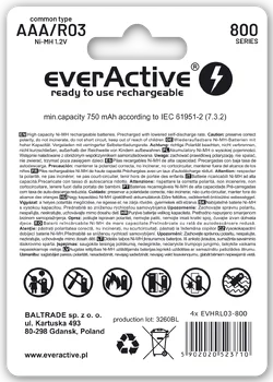 4 x akumulatorki everActive R03/AAA Ni-MH 800 mAh ready to use