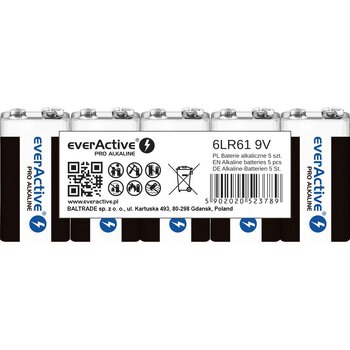 5 x baterie alkaliczne everActive Pro 6LR61 / 6LF22 9V (taca)