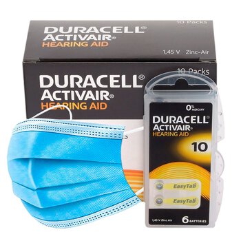 120 x baterie do aparatów słuchowych Duracell ActivAir 10 + 6x jednorazowa maseczka 3-warstwowa chirurgiczna