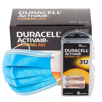 60 x baterie do aparatów słuchowych Duracell ActivAir 312 + 3x jednorazowa maseczka 3-warstwowa chirurgiczna