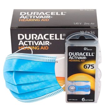 120 x baterie do aparatów słuchowych Duracell ActivAir 675 + 6x jednorazowa maseczka 3-warstwowa chirurgiczna