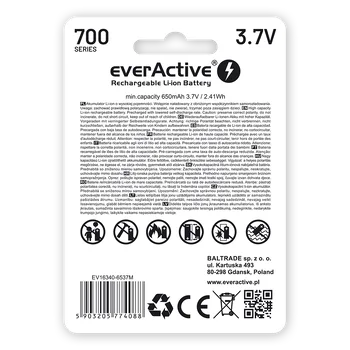 Akumulator everActive 16340 3,7V Li-ion 700mAh micro USB z zabezpieczeniem