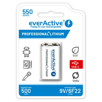 akumulatorek everActive 6F22/9V Li-ion 550 mAh z USB TYP C