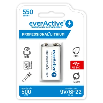 akumulatorek everActive 6F22/9V Li-ion 550 mAh z USB TYP C