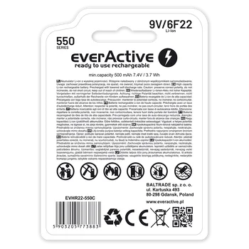 akumulatorek everActive 6F22/9V Li-ion 550 mAh z USB TYP C
