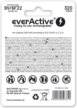 akumulatorek everActive 6F22/9V Ni-MH 320 mAh ready to use