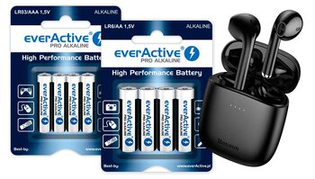 Baterie alkaliczne everActive Pro Alkaline 336szt LR6, 336szt LR03 + słuchawki Bluetooth Baseus Encok W04 NGW04-01