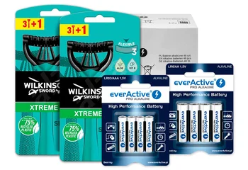 Baterie everActive Pro Alkaline 96szt LR6 / AA, 48szt LR03 / AAA + 8 maszynek Wilkinson Extreme 3