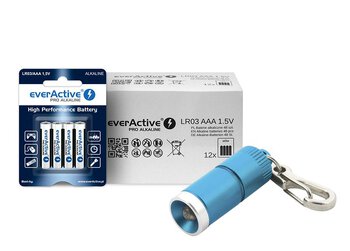 Zestaw everActive Pro Alkaline 48szt LR03 / AAA + latarka-brelok everActive FL-15 (niebieska) 