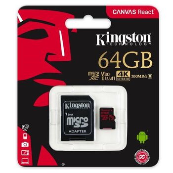 karta pamięci Kingston Canvas React microSDXC 64GB 100MB/s UHS-I U3 V30 A1 + adapter