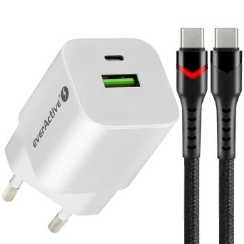 Ładowarka sieciowa everActive GaN SC-390Q z gniazdem USB QC3.0 oraz USB-C PD PPS 30W + kabel USB-C PD CBB-1PDR LED 1m