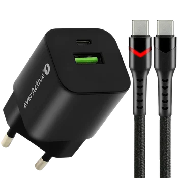 Ładowarka sieciowa everActive GaN SC-390QB z gniazdem USB QC3.0 oraz USB-C PD PPS 30W + kabel USB-C PD CBB-1PDR LED 1m