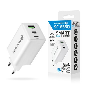 Ładowarka sieciowa everActive GaN SC-655Q z gniazdem USB oraz 2x USB-C PD PPS QC4+ 65W