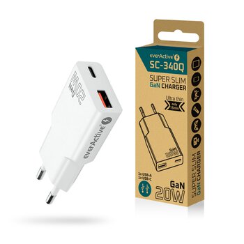 Ładowarka sieciowa everActive GaN SUPER SLIM SC-340Q z gniazdem USB QC3.0 oraz USB-C PD 20W Ładowarka sieciowa everActive GaN SUPER SLIM SC-340Q z gniazdem USB QC3.0 oraz USB-C PD 20W