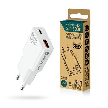 Ładowarka sieciowa everActive GaN SUPER SLIM SC-380Q z gniazdem USB QC3.0 oraz USB-C PD 30W Ładowarka sieciowa everActive GaN SUPER SLIM SC-380Q z gniazdem USB QC3.0 oraz USB-C PD 30W