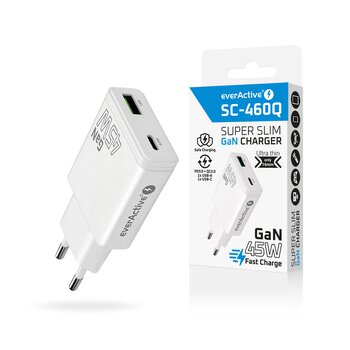 Ładowarka sieciowa everActive GaN SUPER SLIM SC-460Q z gniazdem USB QC3.0 oraz USB-C PD 45W
