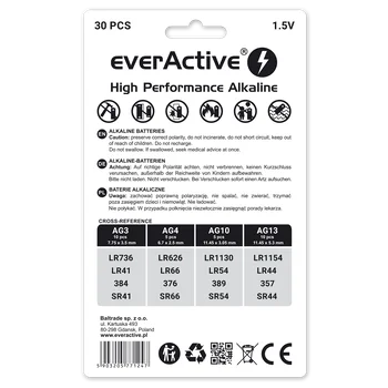 zestaw 30 sztuk baterii alkalicznych mini everActive 10 x G3 / LR41, 5 x G4 / LR626, 5 x G10 / LR1130, 10 x G13 / LR1154