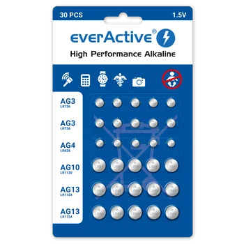 zestaw 30 sztuk baterii alkalicznych mini everActive 10 x G3 / LR41, 5 x G4 / LR626, 5 x G10 / LR1130, 10 x G13 / LR1154