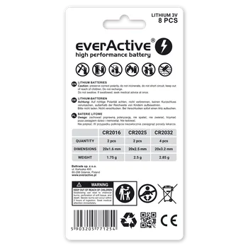 zestaw 8 sztuk baterii litowych everActive 4 x CR2032, 2 x CR2025, 2 x CR2016
