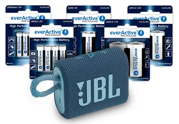 Zestaw baterii everActive Pro Alkaline 288szt LR6, 288szt LR03, 48szt LR14, 48szt LR20, 20szt 6LR61 + Głośnik JBL GO 3