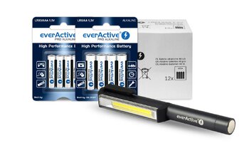 Zestaw everActive Pro Alkaline - 48szt LR6 / AA, 48szt LR03 / AAA, 10szt 6LR61 / 9V + latarka everActive WL-200