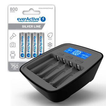 ZESTAW Ładowarka akumulatorków Ni-MH everActive NC-1000M v2 + 4x akum everActive R03/AAA Ni-MH 800 mAh