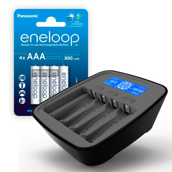 ZESTAW Ładowarka akumulatorków Ni-MH everActive NC-1000M v2 + 4x Akumulatorki R03 / AAA Panasonic Eneloop 800mAh 