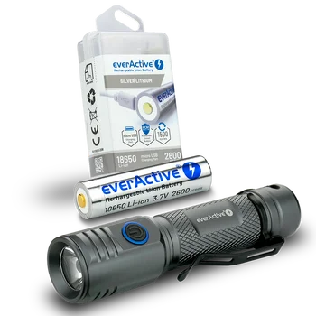 ZESTAW Latarka LED everActive FL-2000R Buddy + Akumulator everActive 18650 3,7V Li-ion 2600mAh micro USB